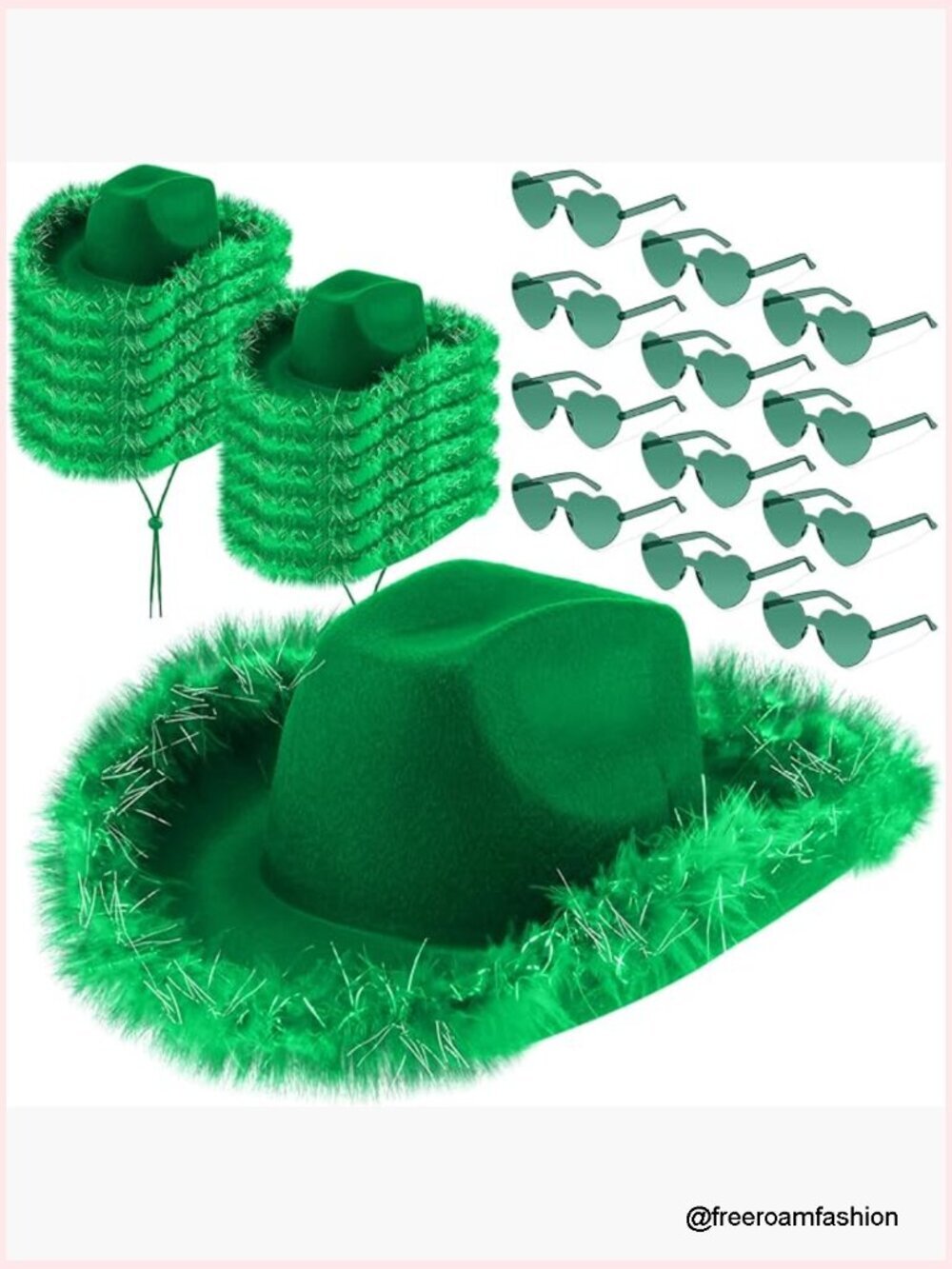12 Green Cowgirl Hats with Feathers & Heart Sunglasses Set for Parties